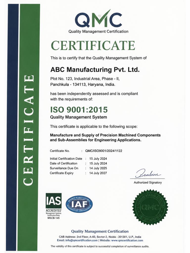 ISO 9001:2015 Quality Management System certificate issued by Independent Certification Body